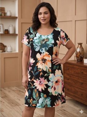 MSK Black Tropical Floral Short Sleeve Dress with Peach & Pink Blooms Size 1X